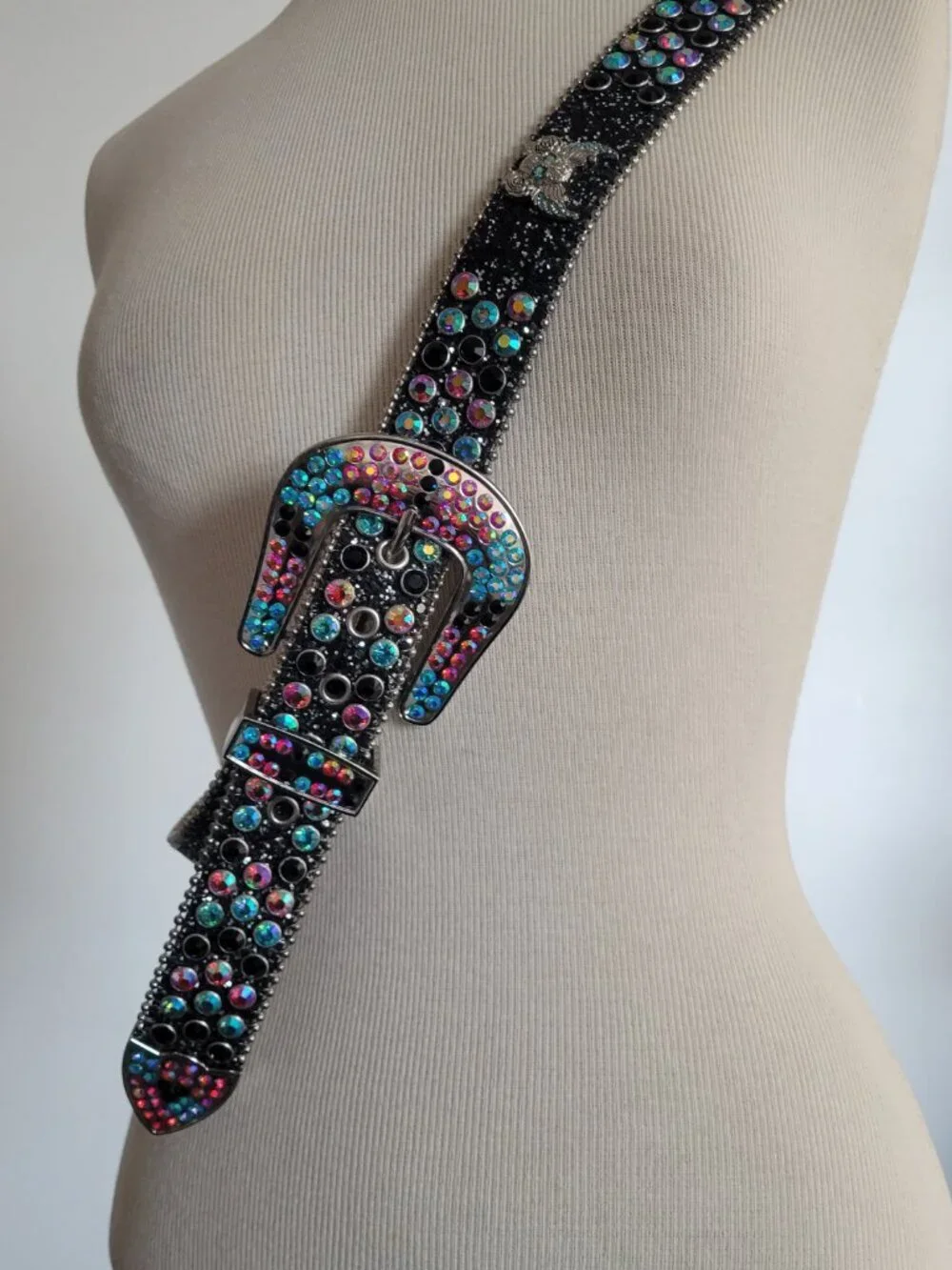 Multi Colored Skull Black Rhinestone Motorcycle Bling Leather Belt